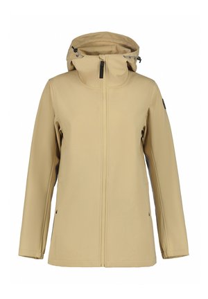 Beige waterdichte jas met een capuchon, voorzien van een volledige rits aan de voorkant, zijzakken en een flexibele, gladde textuur.