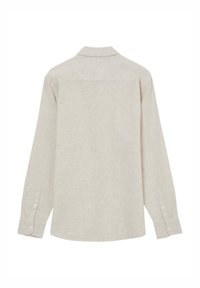 Beige Langarmhemd aus Leinen mit Kragen, Knopfmanschetten und einem einfachen, schmucklosen Rückendesign.