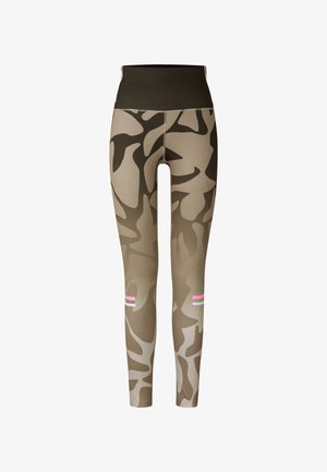Camo leggings in earthy tones with a high waistband. Features pink and white stripes near the lower legs and a smooth, stretchy fabric.
