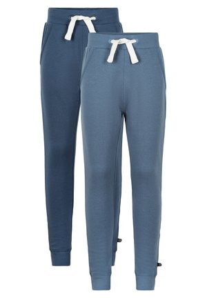 Two pairs of sweatpants in varying shades of blue, made of soft material, featuring elastic waistbands and white drawstrings.