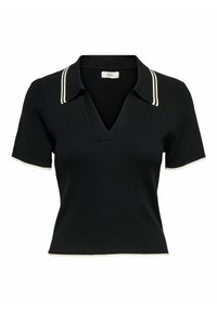 Čierny polo top s krátkym rukávom a ribovanou textúrou, s výstrihom do V a bielymi akcentmi na golieri a okrajoch rukávov.