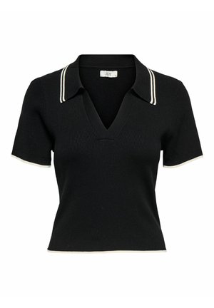 Zwart poloshirt met korte mouwen en een ribbelstructuur, met een V-hals en witte accenten op de kraag en mouwranden.