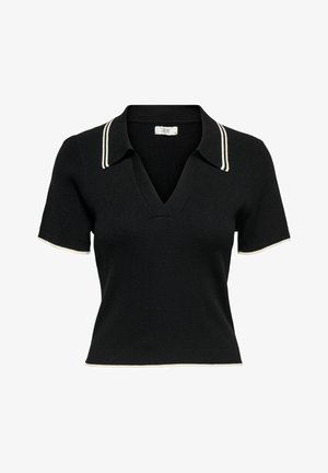 Zwart poloshirt met korte mouwen en een ribbelstructuur, met een V-hals en witte accenten op de kraag en mouwranden.
