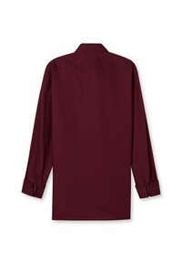 Burgunderfarbenes Langarmhemd mit Kragen, knöpfbaren Manschetten und glatter Textur. Die Rückseite ist schlicht ohne sichtbare Muster oder Logos.