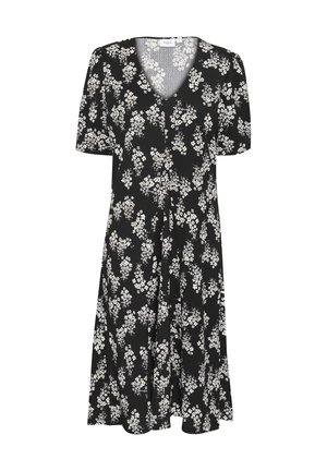 Schwarzes Kleid mit weißem Blumenmuster, kurzen Ärmeln, V-Ausschnitt und fließendem Rock. Aus leichtem Stoff mit strukturierter Oberfläche gefertigt.