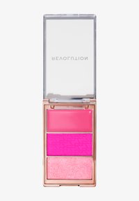 Rouge-Palette mit drei Abschnitten: oben glossy pink, in der Mitte mattes Pink mit Textur, unten schimmerndes Pink. Klarer Deckel und goldene Akzente.