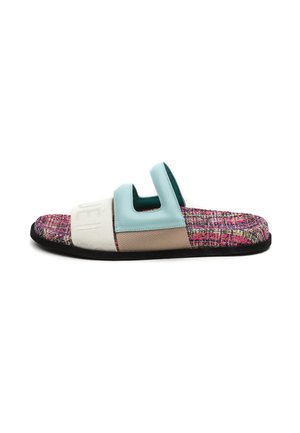 Slide sandal with multicolor woven footbed, black sole, beige and white straps, and a light blue cutout detail on top.