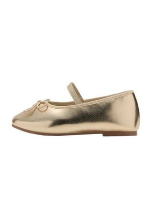 Ballerine in pelle dorata con punta arrotondata, fascia elastica sul dorso del piede e un piccolo fiocco sulla punta. Suola in gomma piatta.