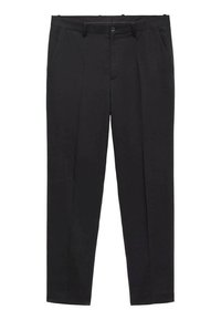 Pantaloni neri su misura realizzati in tessuto liscio, con vita piatta, passanti per la cintura e tasche laterali. Design a gamba dritta.