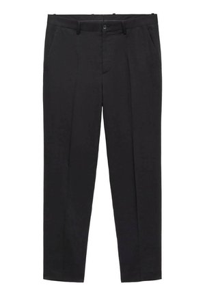 Black tailored trousers made of smooth fabric, featuring a flat front, belt loops, and side pockets. Straight-cut leg design.