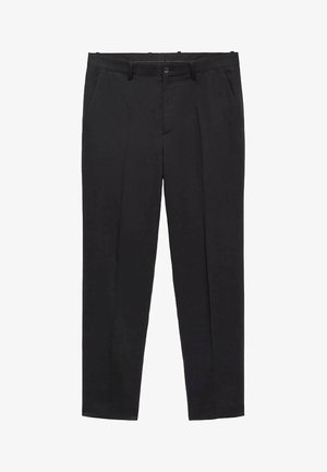 Pantaloni negri croituri, dintr-un material neted, având un față plată, bucle pentru curea și buzunare laterale. Design cu picior drept.
