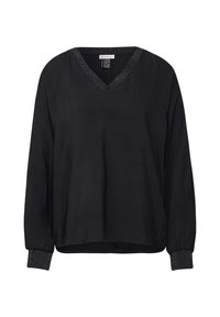 Svart långärmad topp med V-hals och texturerade svarta glittrande detaljer vid halsringningen och ärmsluten; slät tyg och avslappnad passform.