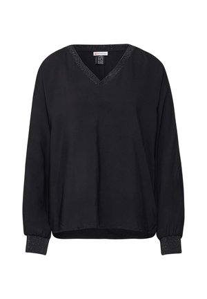 Mustissa pitkähihanaisessa paidassa on V-kaula-aukko ja teksturoidut mustat kimalluskoristeet kauluksessa ja hihoissa; sileä kangas ja rento istuvuus.