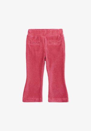 Pantaloni in velluto a coste rosa per bambino piccolo con elastico in vita e piccoli fiocchi decorativi sulle tasche frontali, mostrati distesi su sfondo bianco.