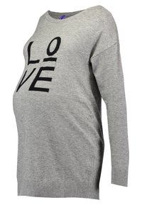 Šedý těhotenský svetr s volným střihem, dlouhými rukávy a černým grafickým nápisem "LOVE" na přední straně. Měkká, texturovaná látka.
