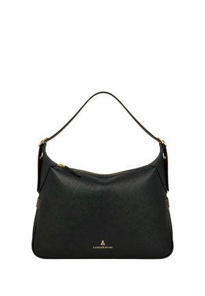 Borsa a tracolla in pelle nera con cerniera dorata e piccolo testo logo dorato "L'ATELIER DU SAC" al centro davanti. Texture liscia e parte superiore curva.