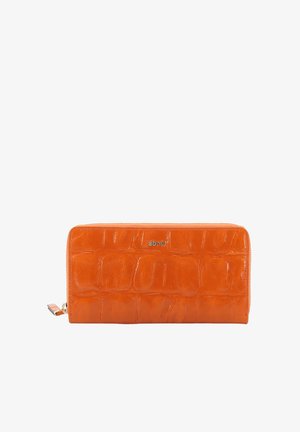 Orange leather wallet with crocodile texture and gold zipper, branded "abro" in small gold letters at center front.
