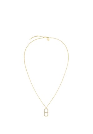 Collar de cadena dorada con un colgante rectangular adornado con piedras preciosas claras, que presenta un acabado pulido y un diseño delicado de eslabones.