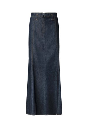 Falda midi de mezclilla en azul oscuro con cintura ajustada, detalles de costura visibles y silueta recta. Cuenta con una cremallera frontal y bolsillos.