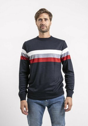 Homme aux cheveux bruns courts portant un pull bleu marine avec des rayures horizontales blanches, grises et rouges, et un jean bleu, debout devant un fond blanc.