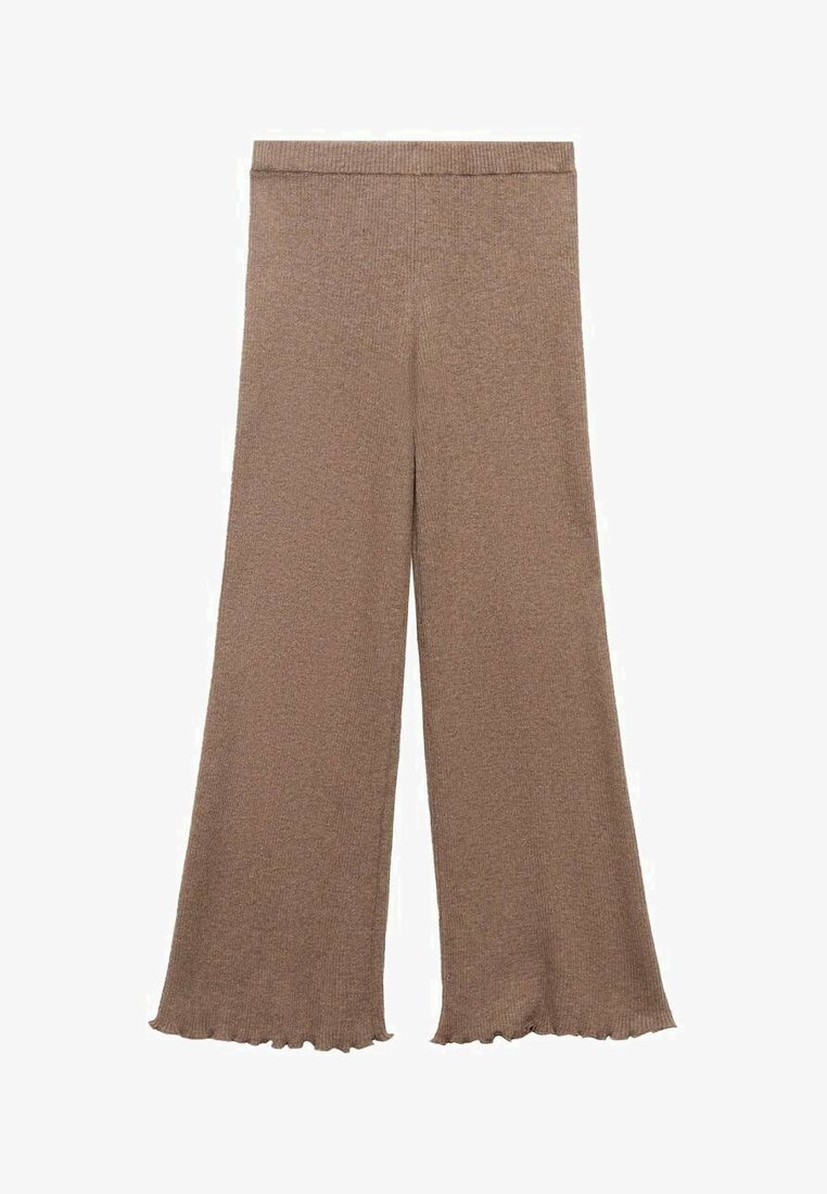 Pletene rjave široke hlače z ribasto teksturo in valovitim robom, ki imajo elastiko v pasu za prilagodljivost.