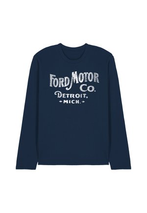 Navy blue long-sleeve shirt with white vintage-style text "Ford Motor Co. Detroit, Mich." across the chest.