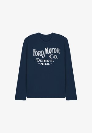 Navy blue long-sleeve shirt with white vintage-style text "Ford Motor Co. Detroit, Mich." across the chest.