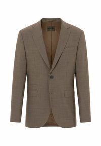 Braun gemusterter Blazer mit Reverskragen, einer Knopfverschluss, zwei Vorderaschen und einem glatten Innenfutter in einer helleren Farbnuance.