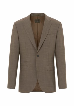 Blazer marrone a pattern con rever a incisione, chiusura a un bottone, due tasche frontali e foderato interno liscio di una tonalità più chiara.