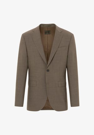Bruine geblokte blazer met notch-lapels, enkele knoopsluiting, twee voorkruispockets en een gladde binnenvoering in een lichtere tint.