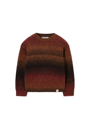 Long-sleeve knit sweater with a round neck, featuring a gradient pattern in shades of red, brown, and black.