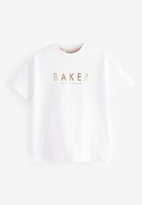 Witte katoenen T-shirt met korte mouwen, een ronde halslijn en een goudfolie "BAKER" logo op het midden van de voorkant.