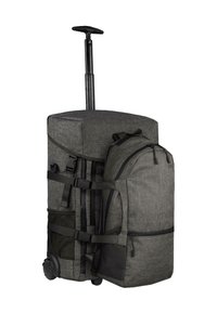 Rollender Rucksack in dunkelgrauem Stoff; verfügt über einen ausziehbaren Griff, mehrere Gurte, eine Netztasche und Reißverschlussfächer zur Organisation.