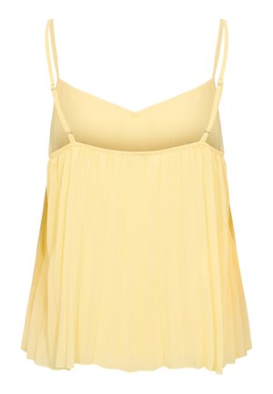 Kollane varrukateta volditud top õhukeste reguleeritavate õlapaelte ja südamekujulise dekolteega.