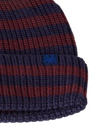 Pletená čepice ve tmavě fialové barvě s vínovými pruhy. Hribovaná textura s ohrnutým lemem. Obsahuje malou modrou nášivku na lemu.