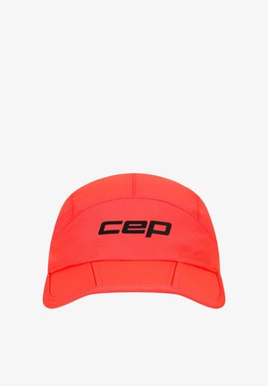 Bright orange sports cap with a curved brim and "cep" logo in black centered on the front panel against a white background.