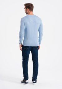 Hellblaues langärmliges Pullover mit strukturiertem Finish, kombiniert mit dunkelblauen Jeans und sportlichen marineblauen Sneakers. Rückansicht gezeigt.