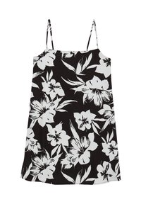 Černé sváteční šaty s tenkými ramínky, zdobené výrazným bílým květinovým a listovým vzorem.