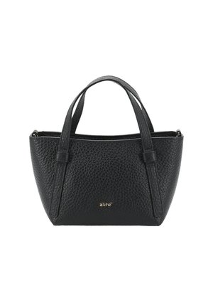 Black leather handbag with a textured finish, short handles, zip closure, and subtle gold logo on the front. Compact and tapered design.