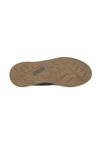 Suela de zapato de goma marrón con una superficie texturizada y estampada que presenta ranuras para tracción y un logotipo grabado en un parche rectangular.