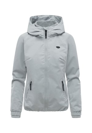 Jasnoszara damska kurtka z kapturem, z przodu na suwak, z zapinanymi na suwak bocznymi kieszeniami i ściągaczami przy mankietach.