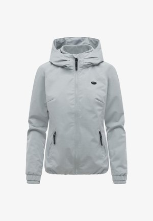 Hellgraue Damenjacke mit Kapuze, Frontreißverschluss, seitlichen Reißverschlusstaschen und gerippten Bündchen.