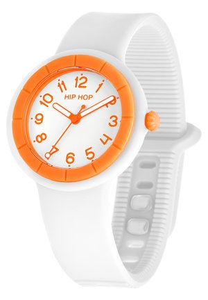 Runde weiße Silikon-Uhr mit einem orangefarbenen Lünette und leuchtend orangefarbenen Stundenmarkierungen. Mit einem weißen Zifferblatt und einem strukturierten weißen Armband.