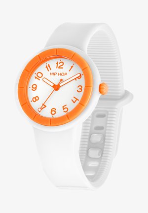 Orologio in silicone bianco tondo con lunetta arancione e indicatori delle ore arancioni brillanti. Presenta un quadrante bianco e un cinturino bianco testurizzato.