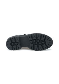 Semelle de botte en caoutchouc noir avec des rainures profondes et une surface plate et texturée. Renforcée par des motifs pour une adhérence et une durabilité améliorées.