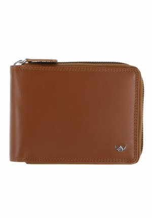 Portefeuille en cuir marron avec bords cousus et petit emblème argenté, avec fermeture éclair sur le dessus et le côté droit.