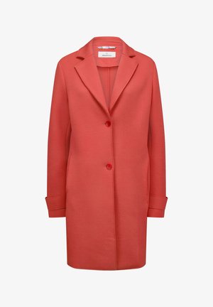 Coral red mid-length coat with a notched collar, single button closure, and long sleeves. Made from a smooth fabric with a structured shape.