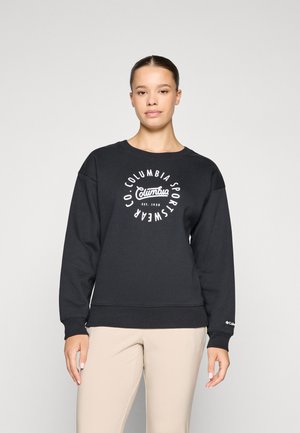Zwarte sweatshirts met ronde hals en geribbelde manchetten. Bevat een wit logo in het midden op de borst met de tekst "Columbia Sportswear".