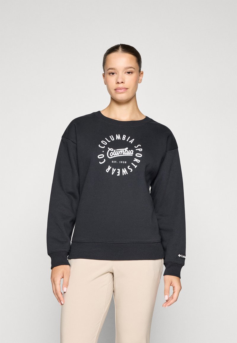 Čierna mikina s okrúhlym výstrihom a rebrovanými manžetami. Obsahuje biele logo umiestnené na hrudi so textom "Columbia Sportswear".