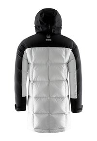 Puffjacka i svart och vitt, med huva, quiltat mönster, Gore-Tex Infinium-logotyp och slät textur med elastiska muddar.
